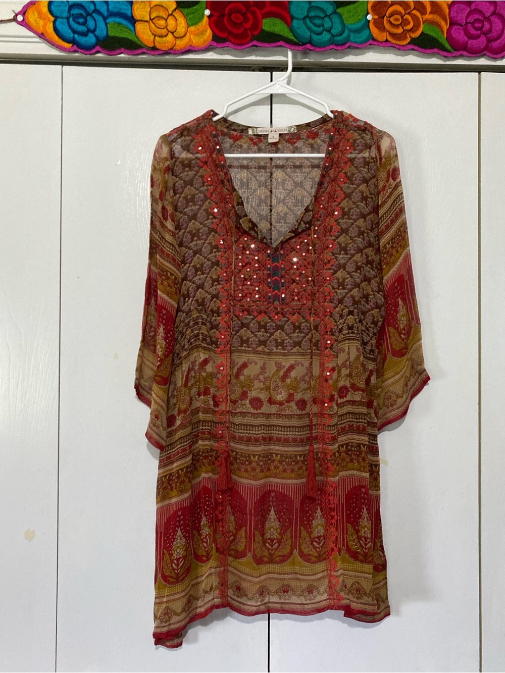 S Ethereal Forest Fairy Sheer Tunic Mini Dress Tassels Embroidery Goblin Boho
